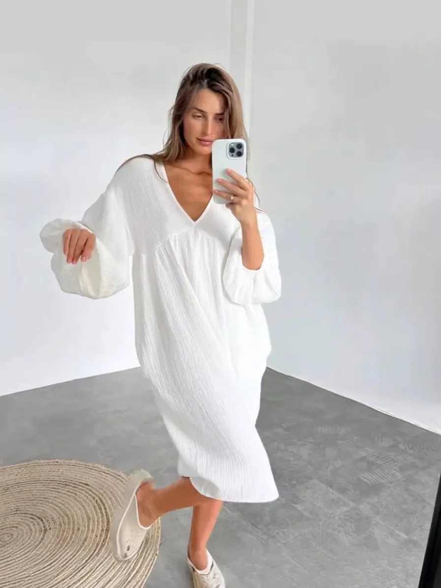 Vestito a Maniche Lunghe Casual in Poliestere da Donna Scollo a V Tinta Unita Midi con Tasche Stile Occidentale Abbigliamento Spazzolato