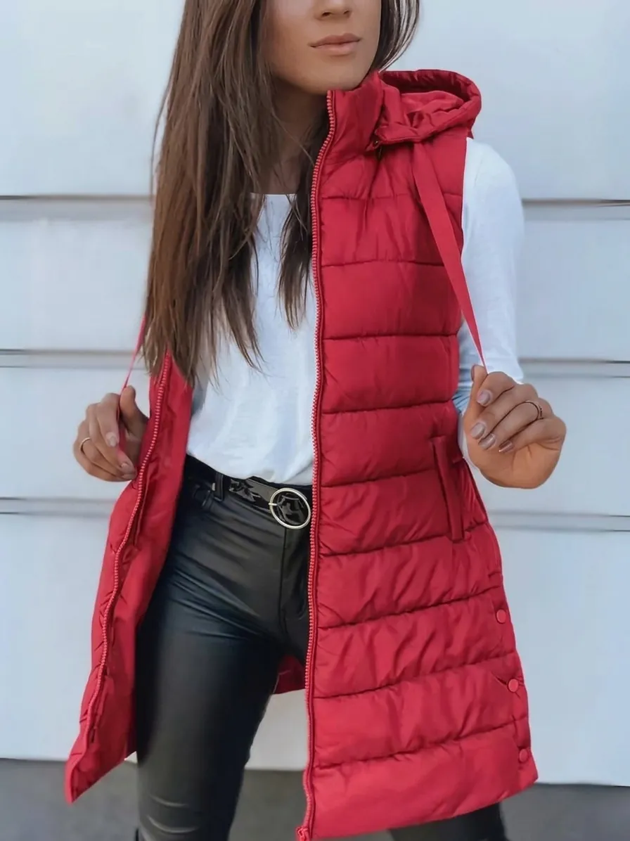 Damen Langer Gesteppte Wattierte Weste Mit Kapuze Ärmellose Baumwolle Pufferjacke Mit Reißverschluss Einfarbig Warme Oberbekleidung Top