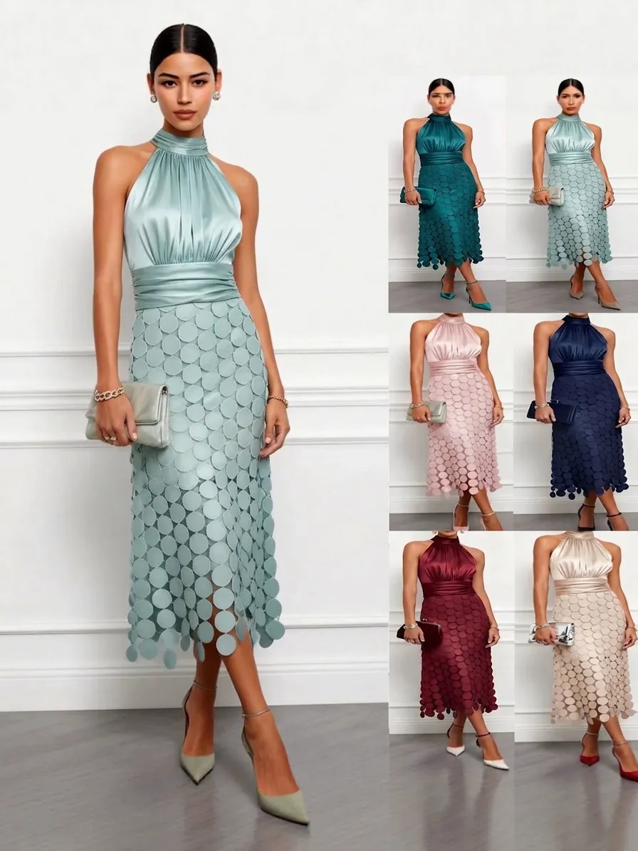 Elegant Women Satin Halter Neck Sleeveless Maxi Dress Patchwork Pleated Waist Laser Cut Circular Overlay Party Evening Gown