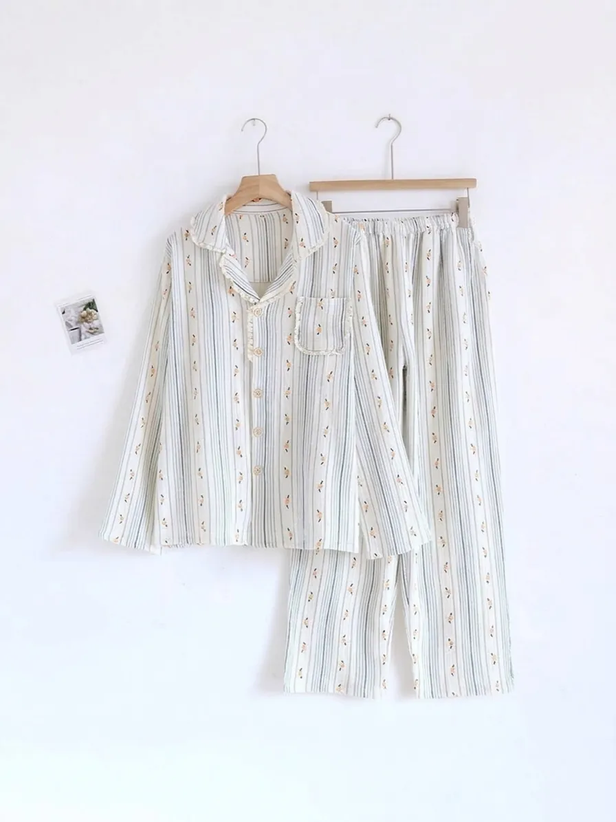 Women Cotton Gauze Pajama Set Floral Striped Long Sleeve Button Down Top And Pants Pastoral Style Breathable Sleepwear Lounge Set