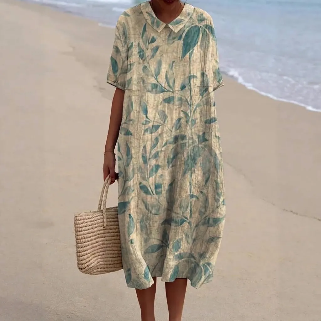Dames Peter Pan Kraag Bloemenprint Maxi Jurk Casual Losse Korte Mouw A-lijn Polyester Vakantie Jurk Strandmode