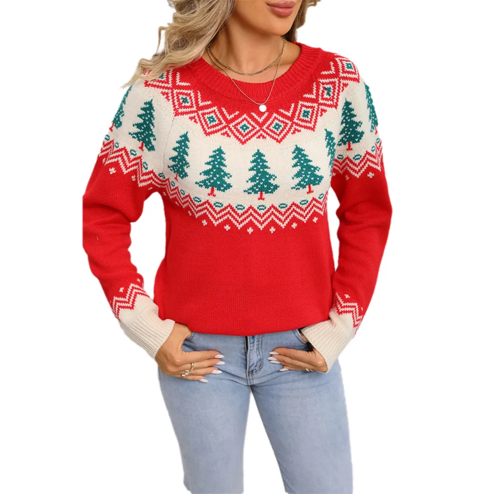 Pull en Maille Jacquard Sapin de Noël pour Femmes Rouge Acrylique Coupe Large Manches Longues Col Rond Pull Décontracté Fête
