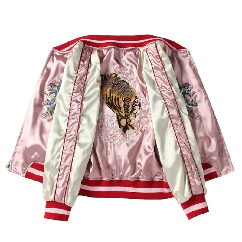 Japanische Retro Yokosuka Bestickte Sukajan Jacke Damen Wendbar Tiger Fuji Bomberjacke Baumwollmischung Oberbekleidung