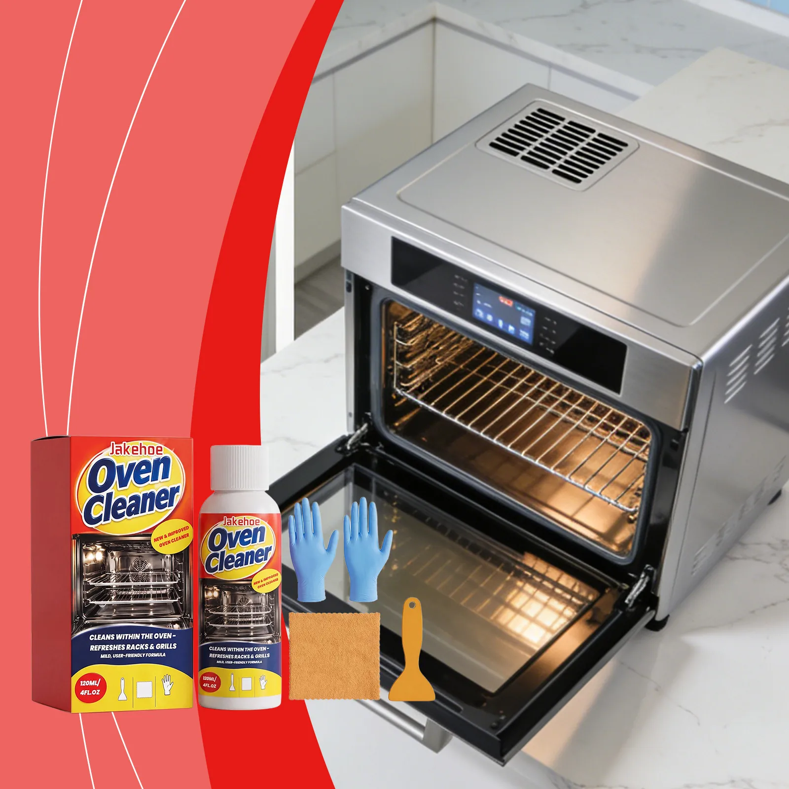 Jakehoe Oven Cleaner Spray Kit With Gloves Scraper Cleaning Cloth Mild Formula For Kitchen Grill Surface Grease Remover