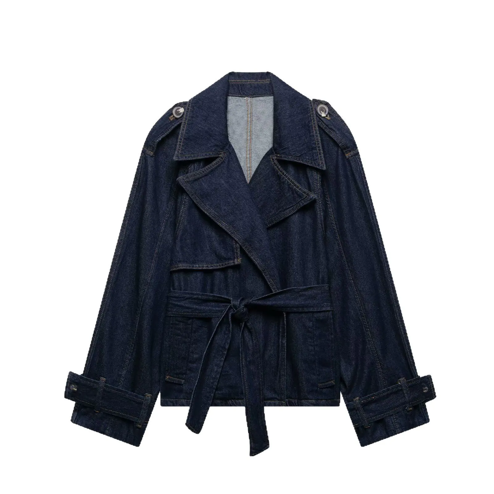 Damen Mode Kurz Denim Windbreaker Jacke Oversize Gürtel Langarm Revers Mantel Outerwear Streetwear Lässig Herbst Top