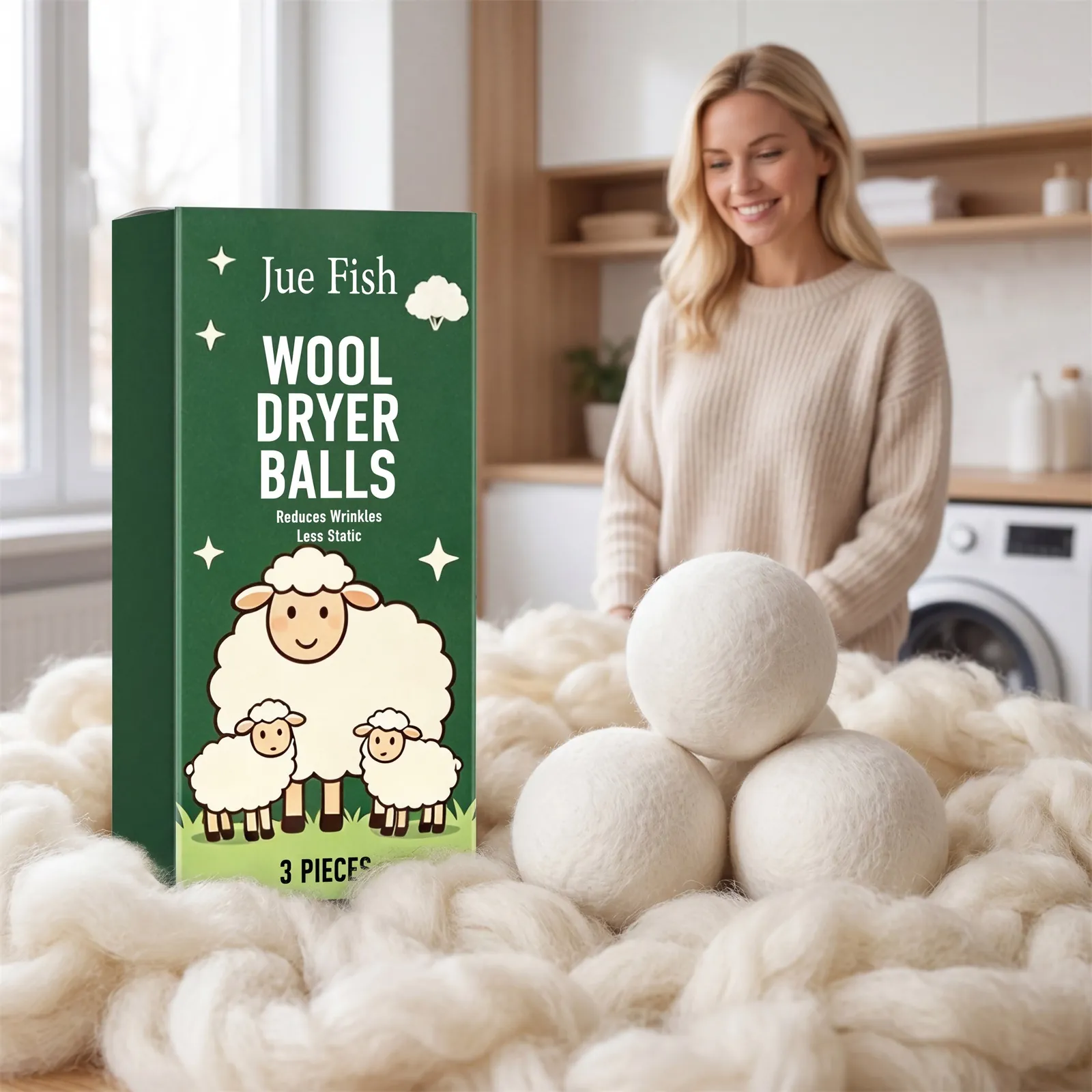 Jue Fish Wollen Drogerballen Herbruikbare Natuurlijke Wasverzachterballen Rimpels Verminderen Minder Statische Wasdroog Accessoire