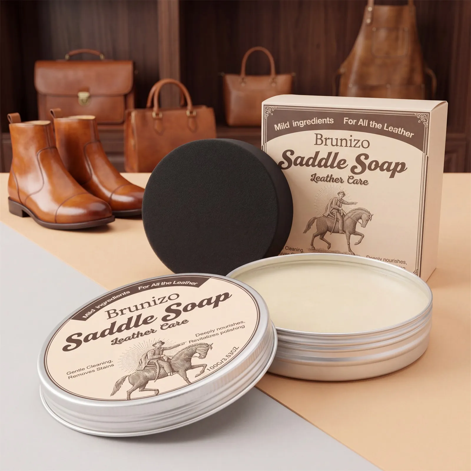 Professional Leather Care Saddle Soap Kit with Cleaning Sponge Nourishing Polishing Paste for Shoes Bags Saddles Daily Care