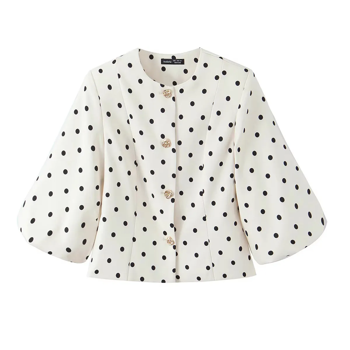 Veste Blazer Slim à Pois Rétro Français pour Femme Élégante Manche Lanterne Bouton Doré Décoratif Manteau Court Blazer