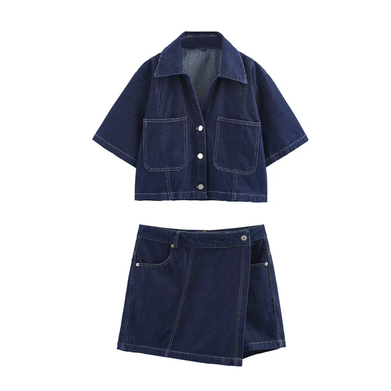 Γυναικείο Western Style Σετ Τζιν Πουκάμισο Και Skort Casual Χαλαρό Κοντομάνικο Top Και Bottom Καλοκαιρινή Μόδα Patchwork Ένδυση