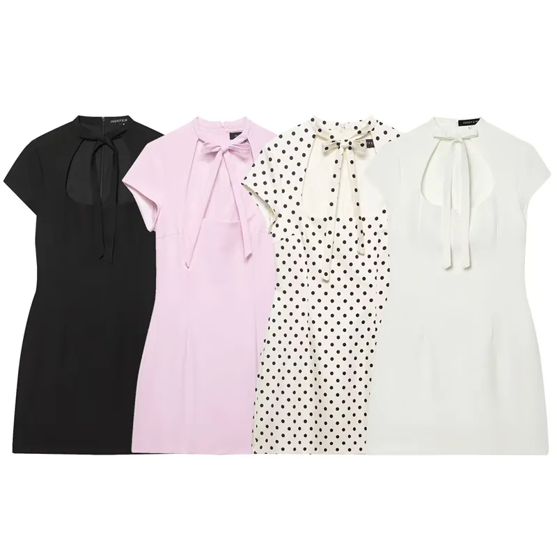 Women Sexy Hollow Out Bow Mini Dress European American Style Polka Dot Solid Short Sleeve Bodycon Party Clubwear Dresses