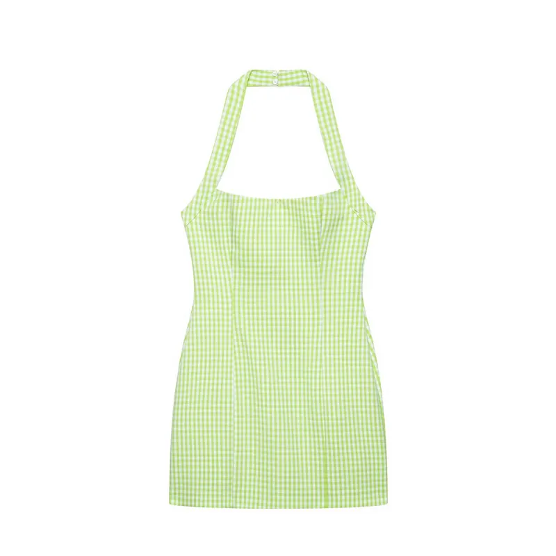 Vestito Estivo da Donna con Scollo all'Americana a Quadretti Vichy Verdi Mini Slim Fit Senza Maniche Bodycon per Vacanze