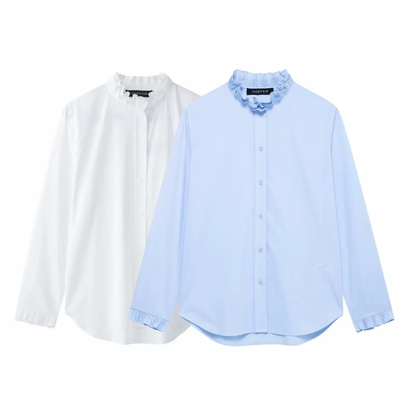 Dames Layered Ruffle Opstaande Kraag Lange Mouw Overhemd Elegant Single Breasted Polyester Blouse Casual Effen Kleur Top