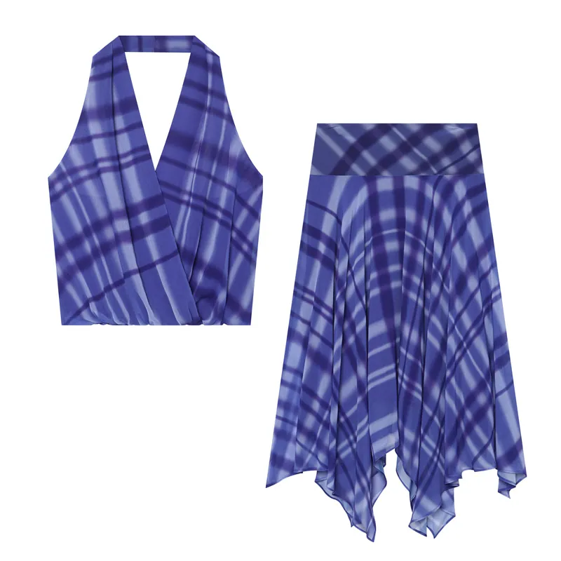 Women Summer Polyester Plaid Printed Halter Neck Backless Top Irregular Hem Handkerchief Skirt Two Piece Vacation Set