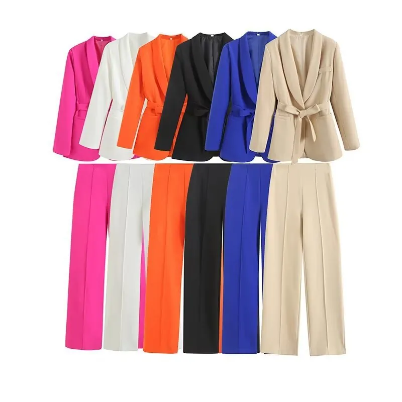 Ensemble Tailleur Deux Pièces Femme Décontracté Col Châle Cordon Blazer Veste Et Pantalon Jambe Large Couleur Unie Bureau Top And Bottom