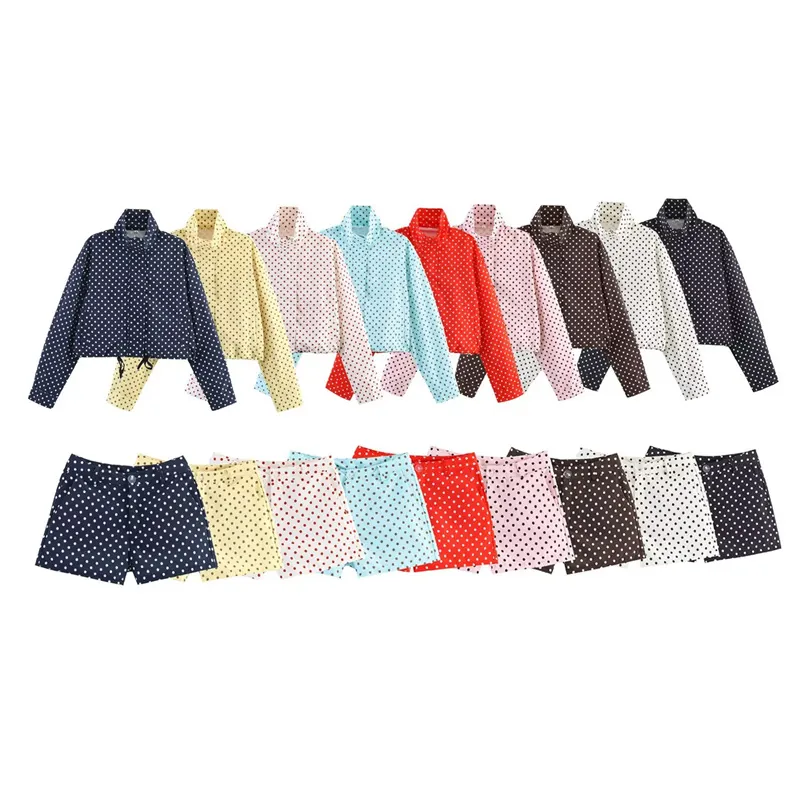 Women Polka Dot Print Long Sleeve Stand Collar Drawstring Jacket And Slim Shorts Two Piece Casual Summer Streetwear Outfit