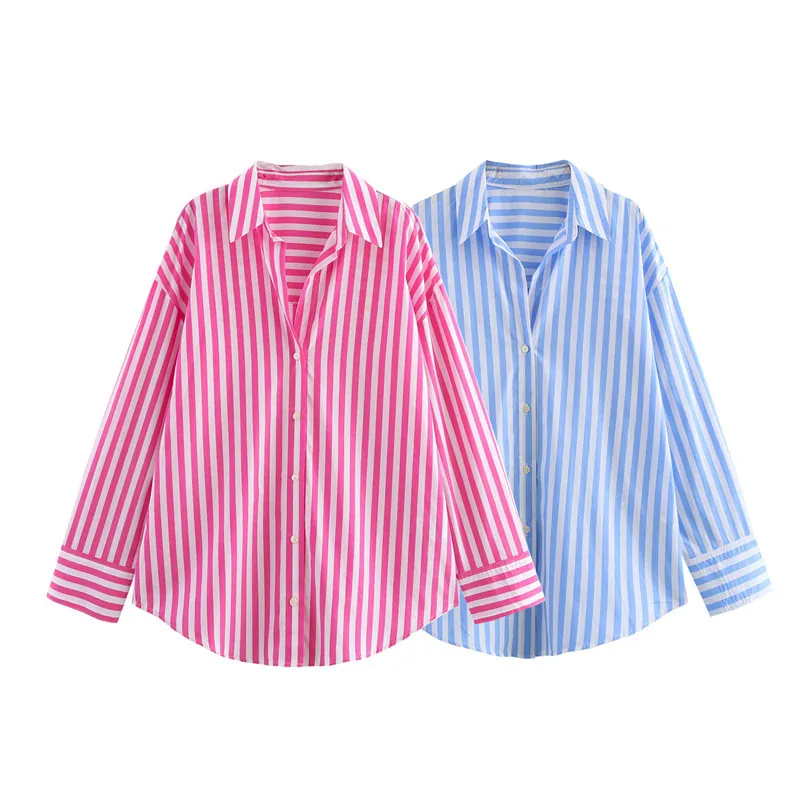 Women Casual Polyester Striped Shirt Long Sleeve Single Breasted Lapel Blouse Western Style Printed Top For Daily Wear