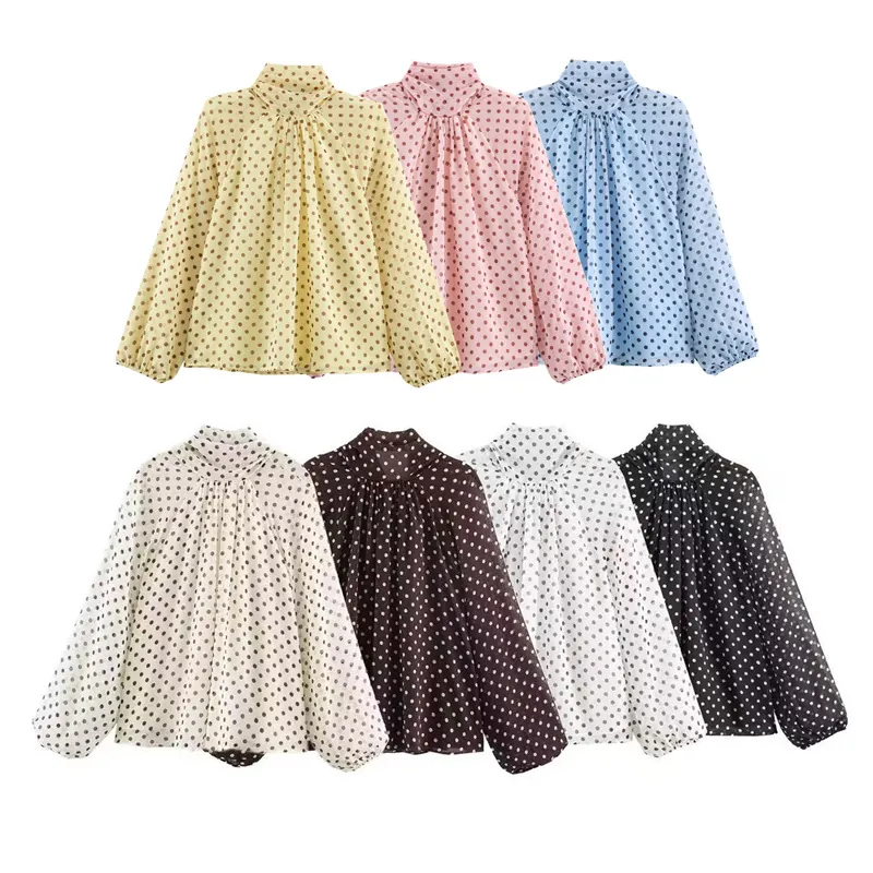 Women Fashion Polka Dot Print Blouse Long Sleeve Casual Loose Pleated Bow Tie Neck Polyester Shirt Top Western Style