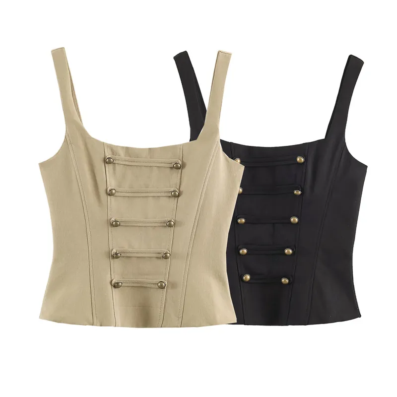 Camiseta de Tirantes Ajustada para Mujer Cuello Cuadrado Decoración Botones Sexy Estilo Militar Sin Tirantes Poliéster Top Espalda Descubierta Estilo Corsé Crop Top