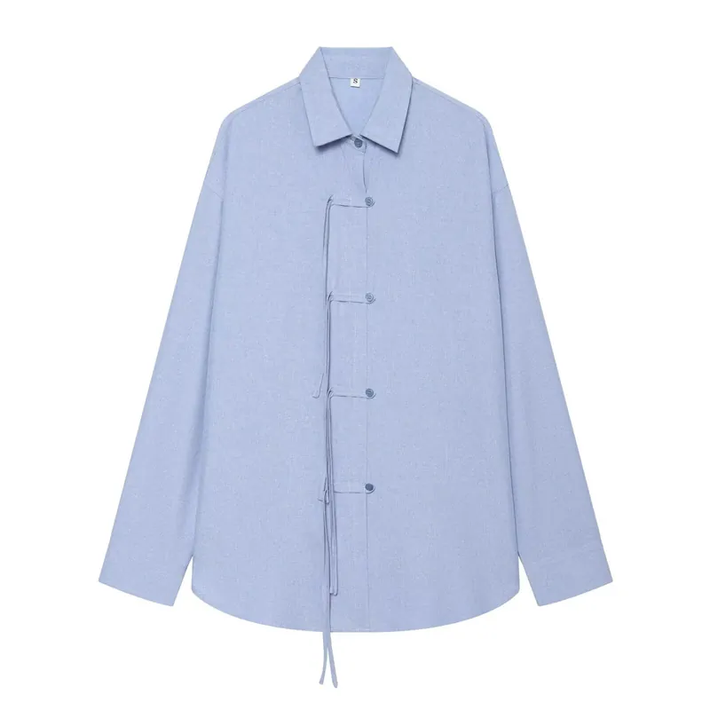 Damen Neues Chinesisches Hemd Aus Reinem Leinen Langarm Froschknopf Bindeband Lässig Hellblau Bluse Sommer Oberteil