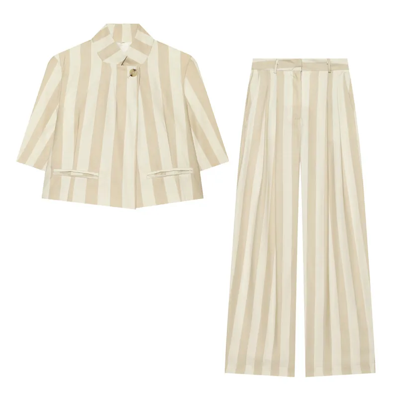 Ensemble Deux Pièces pour Femmes Veste Blazer à Rayures Verticales Col Montant Manches Courtes et Pantalon Large
