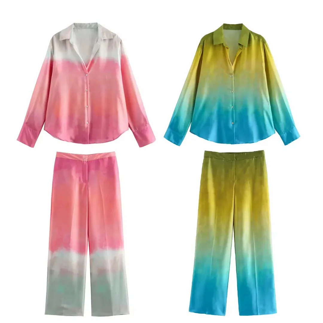 Women Summer Tie Dye Print Satin Shirt Straight Leg Pants Two Piece Set Long Sleeve Lapel Top Trousers Outfits