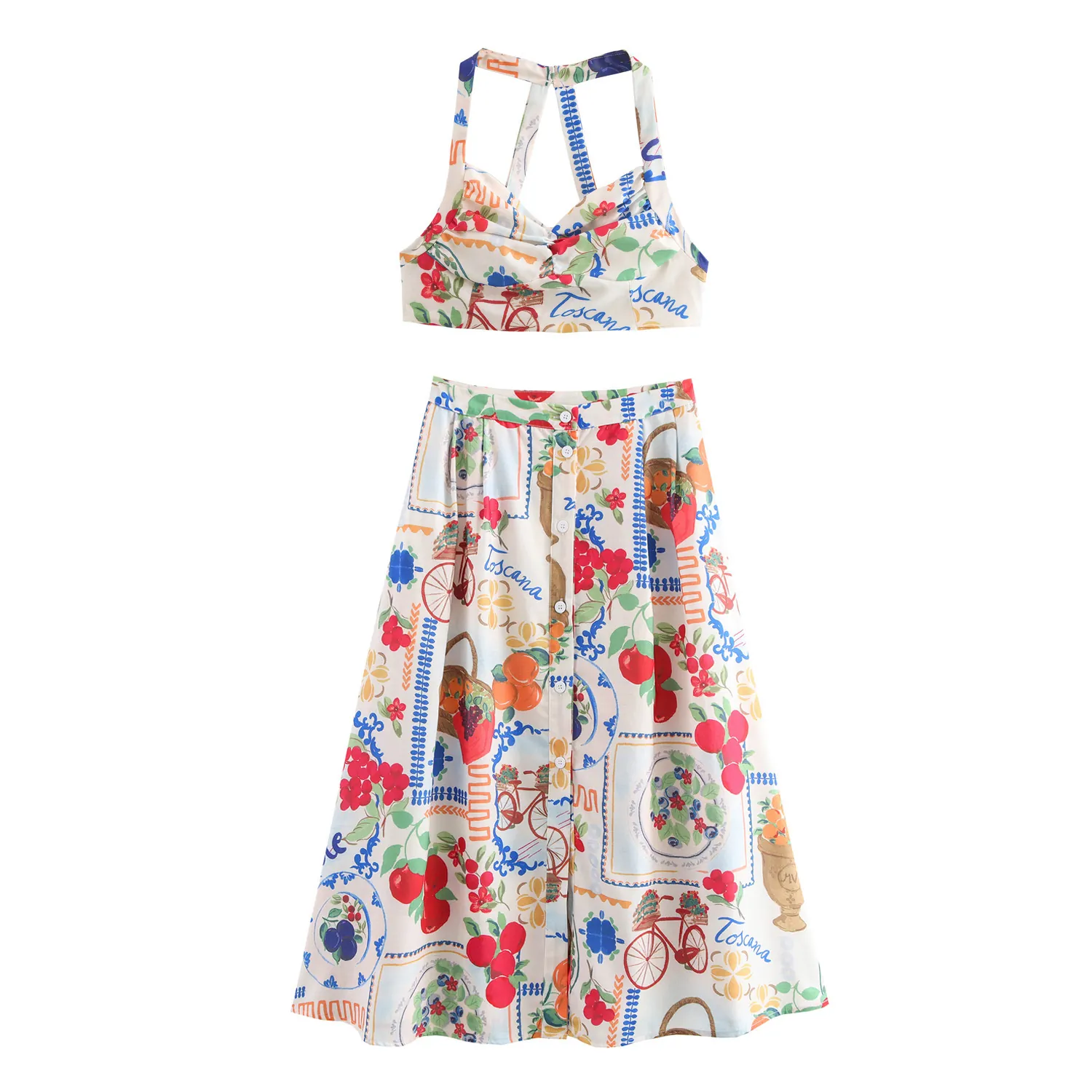 Damen Urlaubskleidung mit Retro-Blumen- und Fruchtprints auf Satinstoff mit Spaghettiträger-Crop-Top und Midirock