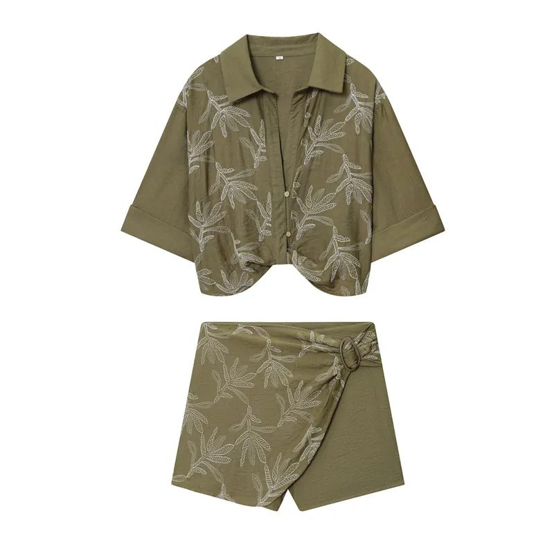Women's Western Style Olive Green Printed Two Piece Set Polyester Casual Long Sleeve Top And Shorts Set For Daily Wear