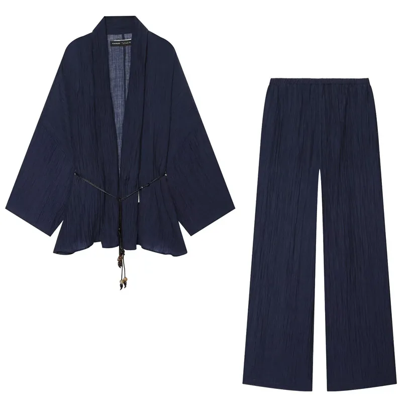 Women's Semi-Sheer Crinkle Effect Casual Set Kimono Style Tie-Up Top And Wide-Leg Pants Two-Piece Suit For Summer Vacation