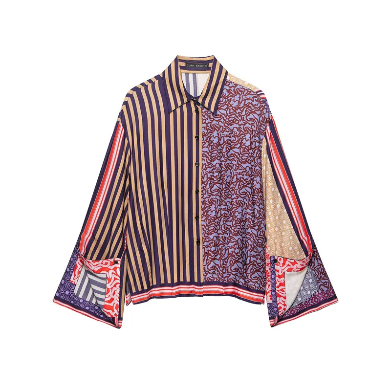 Completo Donna Stile Occidentale Camicia a Maniche Lunghe Stampata Patchwork e Gonna Midi Abbigliamento Casual Bohemien