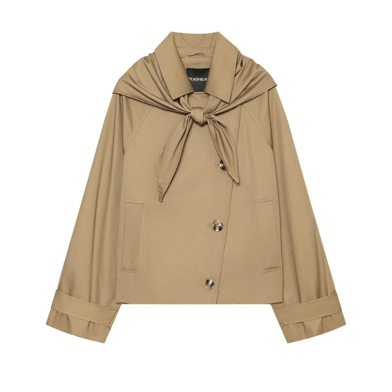 Gabardina Corta para Mujer Con Bufanda a Juego Estilo Europeo Caqui Color Sólido Chaqueta Cortavientos Cruzada para Otoño