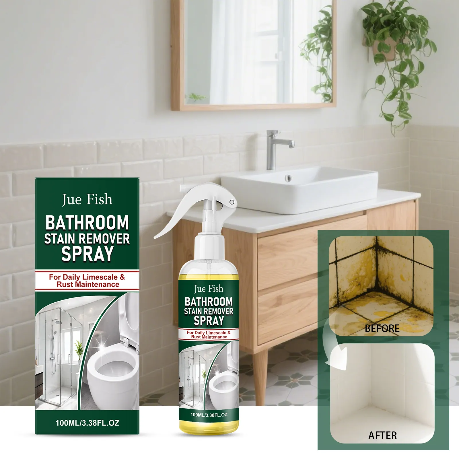 JUE FISH Bathroom Stain Remover Spray Powerful Descaling Cleaning Agent For Tiles Glass Porcelain Surface Rust Remover