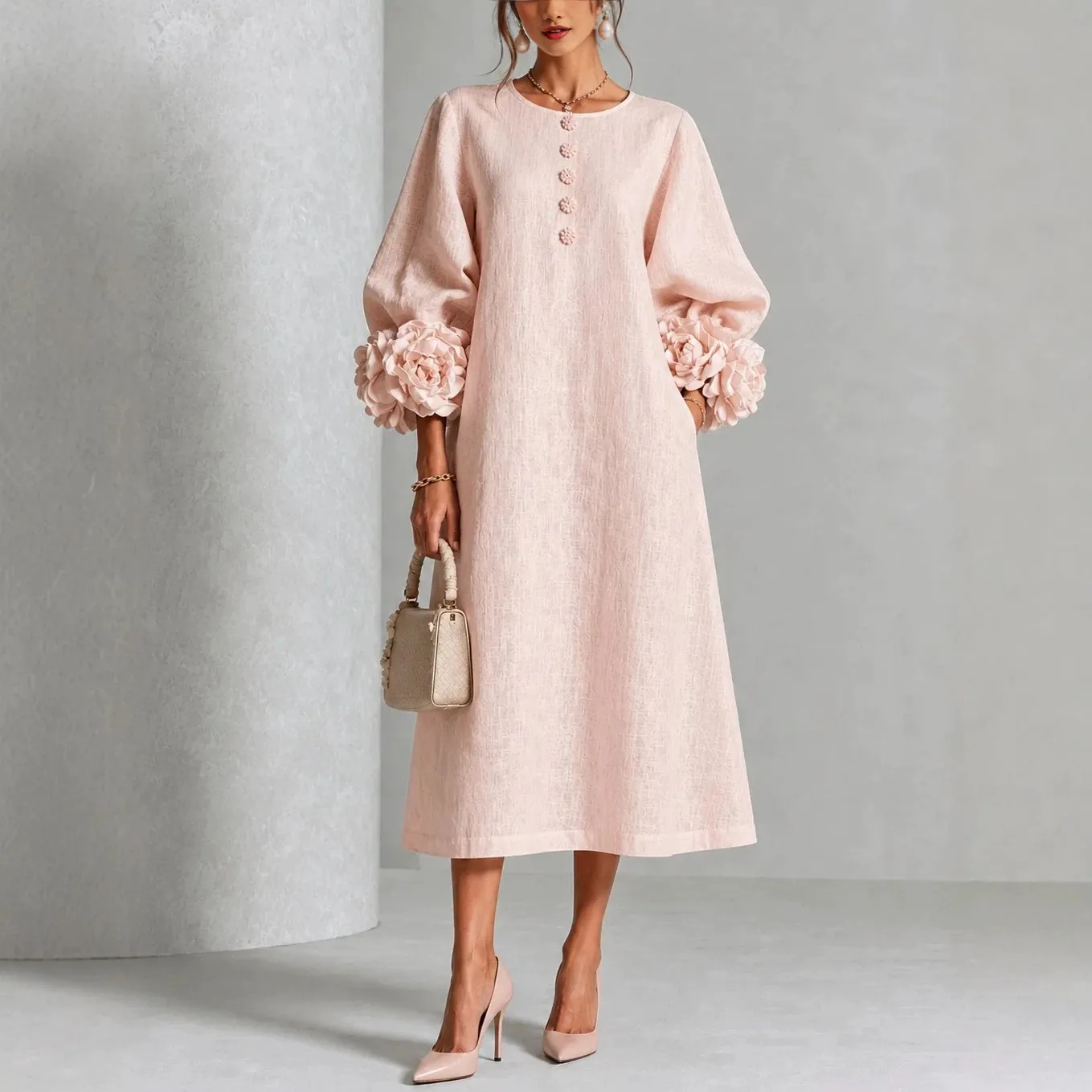 Robe Midi Style Français à Manches Lanterne et Fleurs 3D en Mélange de Coton et Lin Élégante Robe Ligne A Pour Femme