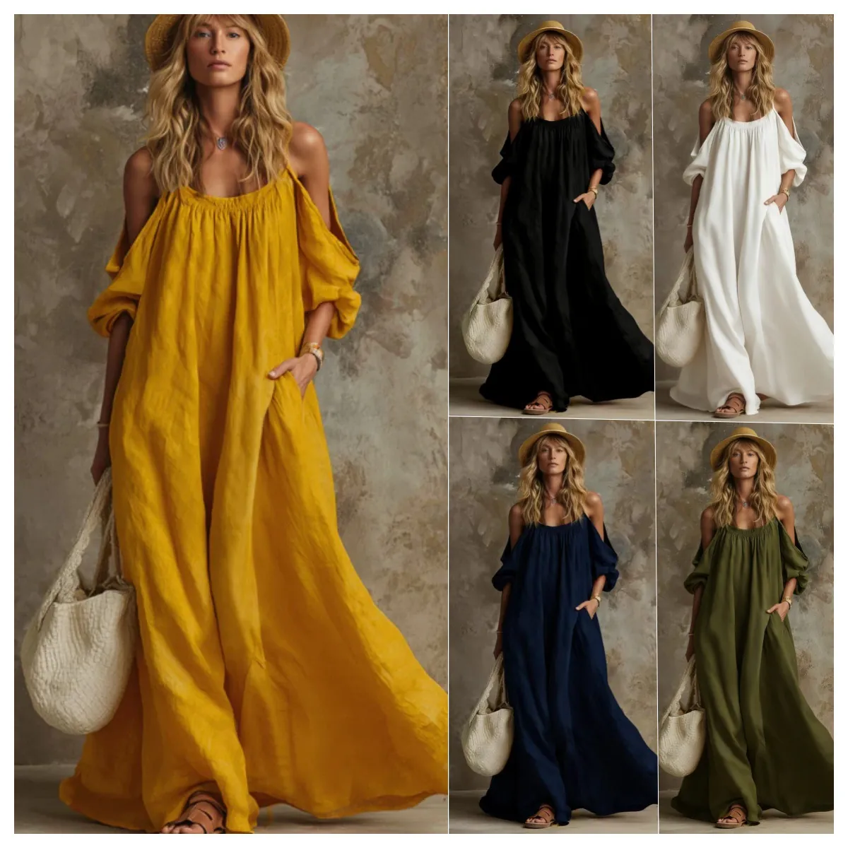 Women Cotton Linen Off Shoulder Maxi Dress Cold Shoulder Spaghetti Strap With Pockets Puff Sleeve Boho Vacation Loose Dress
