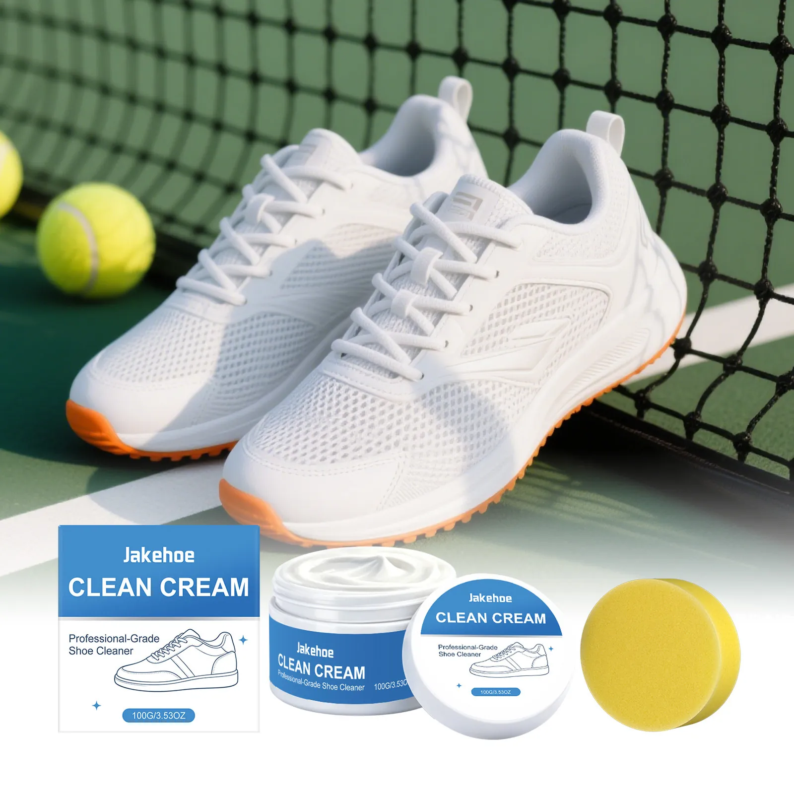 JAKEHOE 100g Professional Shoe Cleaning Cream Waterless Deep Stain Remover White Sneaker Cleaner for Yellowing Restoration with Sponge