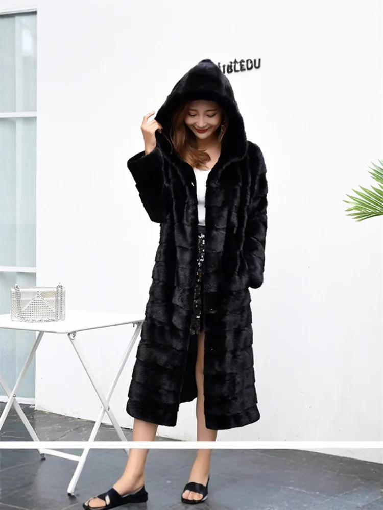 Women Luxury Long Faux Fur Coat Hooded Black Slimming Winter Warm Faux Mink Fur Overcoat Whole Skin Outerwear For Ladies