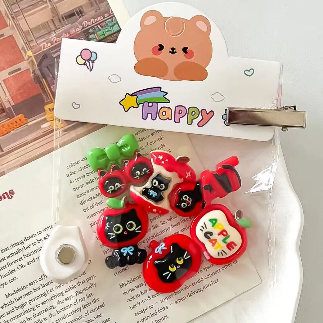 Cute Resin Apple Cat DIY Accessories For Phone Case Hair Clips Stationery Decoration Cartoon Black Cat Red Apple Charms