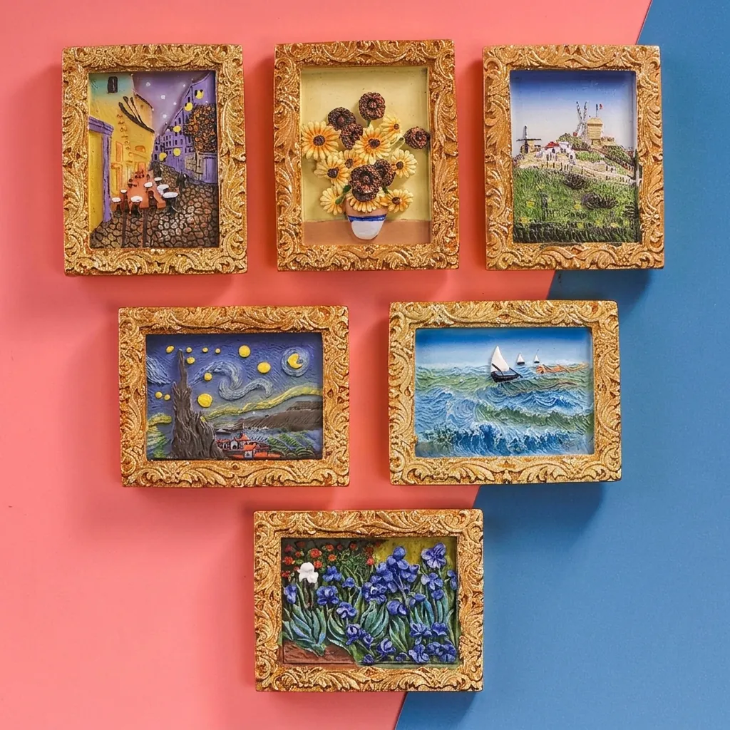 3D Relief Miniature Van Gogh Painting Fridge Magnets Vintage Gold Frame Resin Art Magnetic Sticker Starry Night Sunflowers Home Decor
