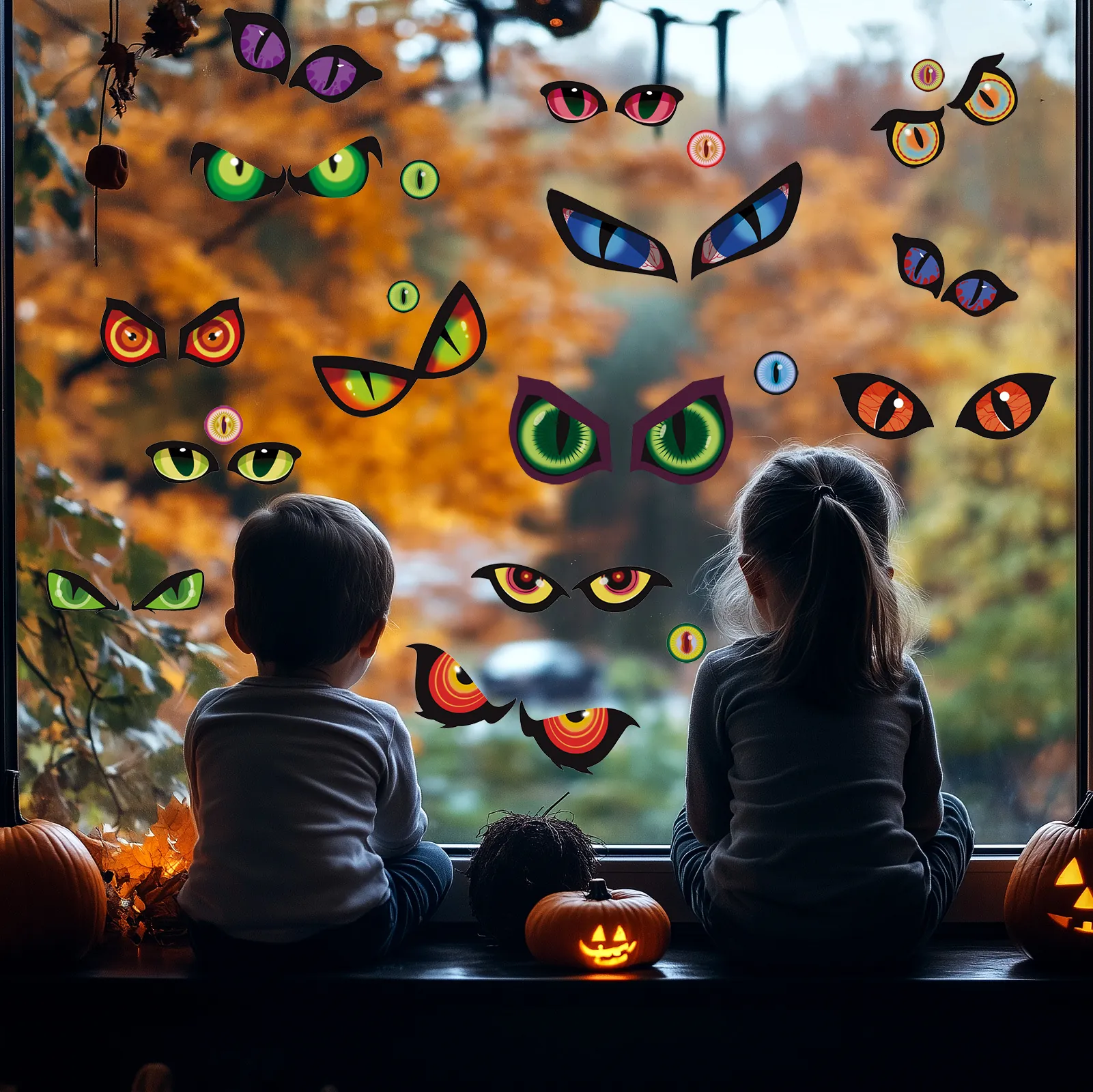 Stickers de Fenêtre Recto-Verso Halloween Yeux Maléfiques Décalcomanies en PVC pour Verre Décoration Maison Bureau École