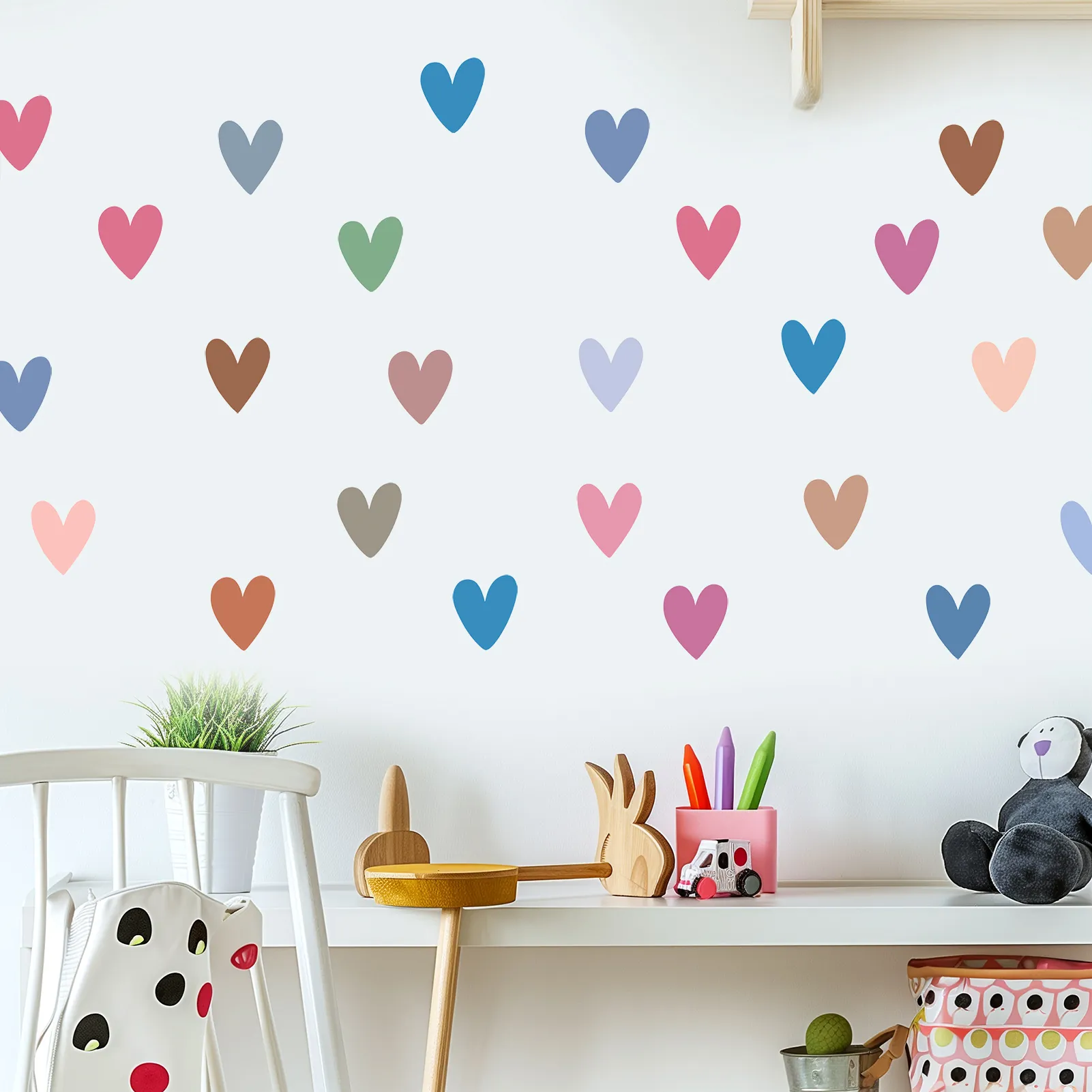 Colorful Heart Wall Stickers PVC Vinyl Self-Adhesive Wall Decals For Kids Room Girl Boy Bedroom Dorm Morandi Color Hand-Drawn Heart Pattern Home Wall Decoration