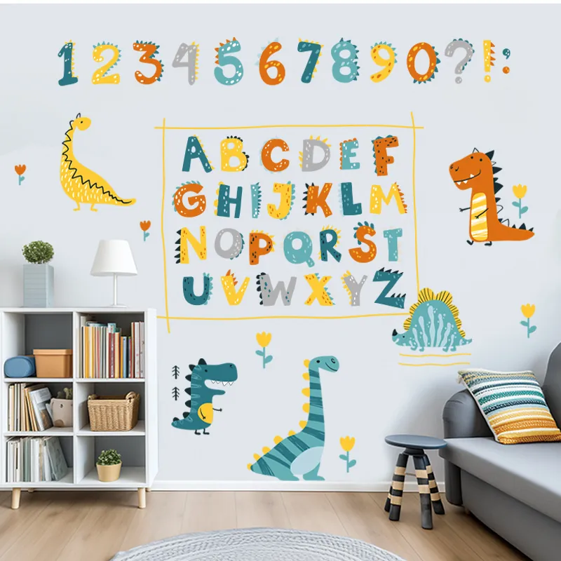 Cartoon Dinosaur Wall Stickers Removable PVC Decals For Kids Bedroom Nursery School Decor Alphabet Number Animal Wall Art
