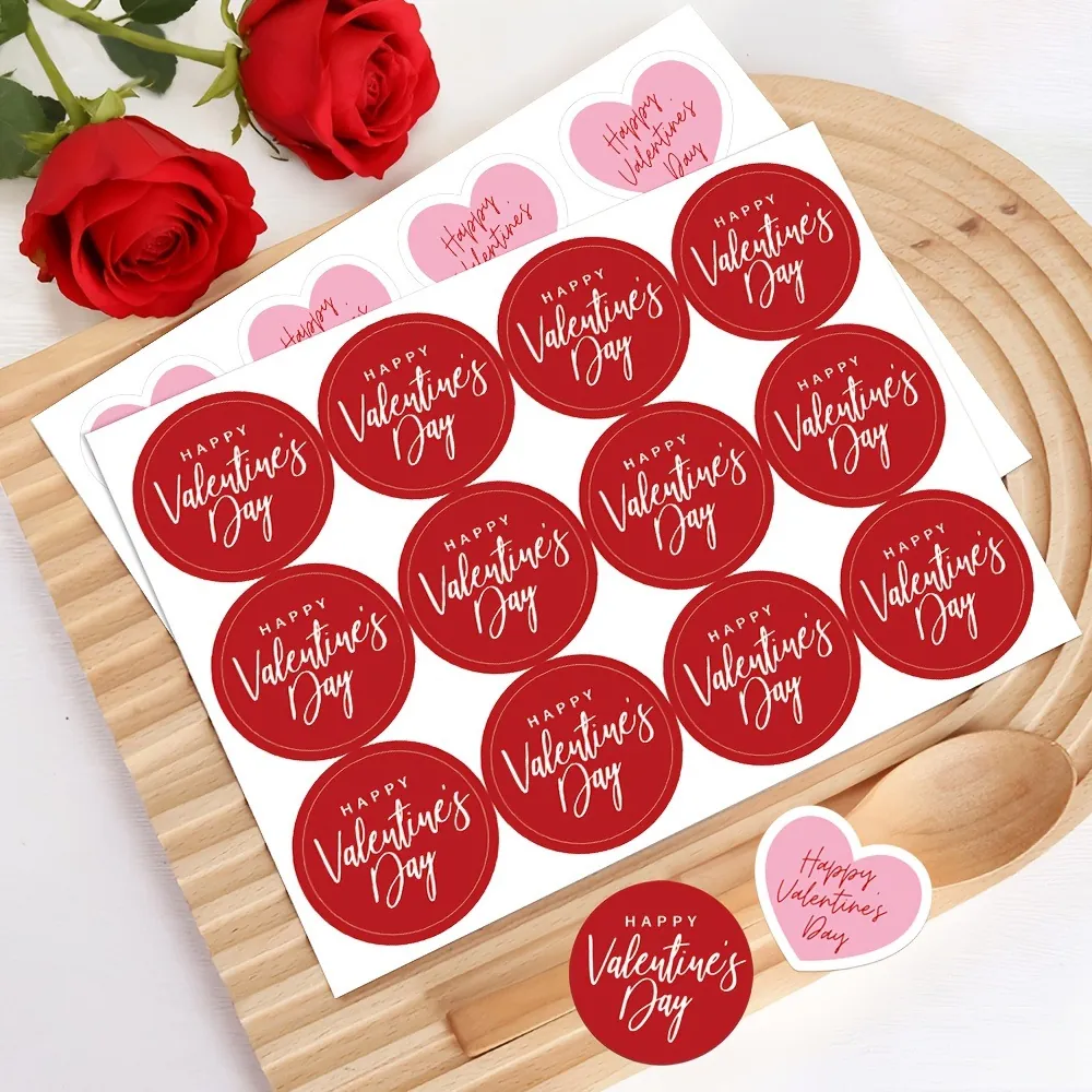 Happy Valentine's Day Sealing Stickers Red Round Pink Heart Gift Packaging Envelope Baking Decoration Adhesive Labels Sheet