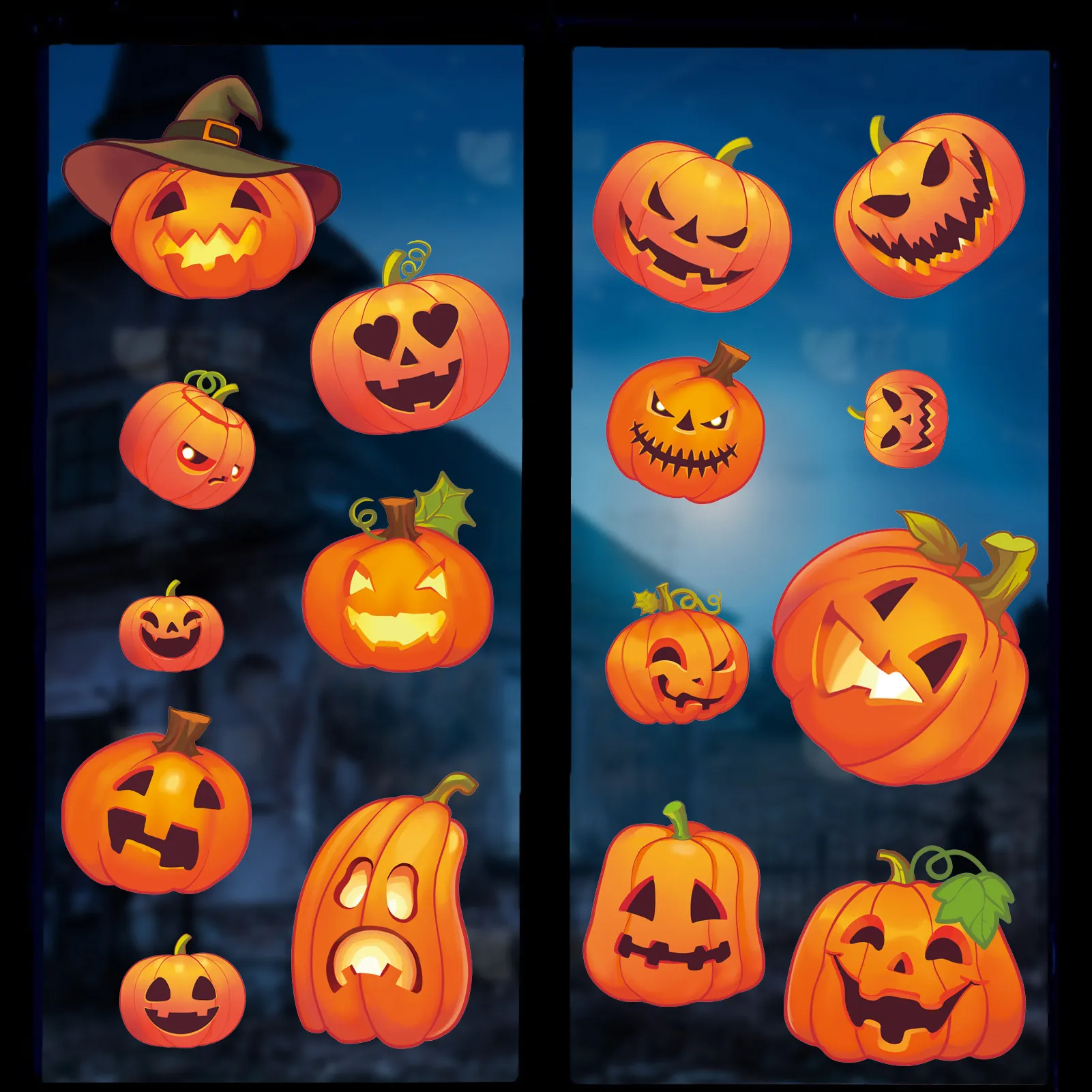 Halloween Pumpkin Window Stickers Set Waterproof PVC Self Adhesive Jack-O'-Lantern Wall Decals For Shop Glass Door Decor