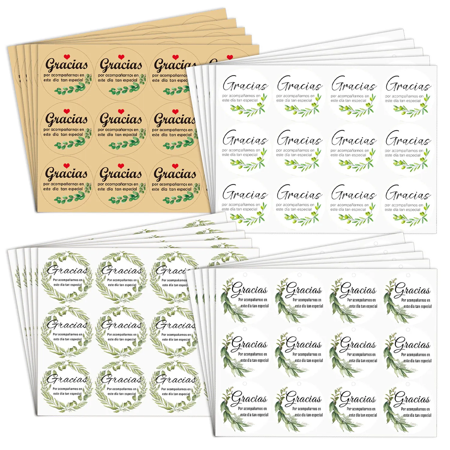 Spanish Gracias Sealing Stickers Green Leaf Wreath Round Decorative Labels For Gift Envelopes Baking Wedding Party Favors