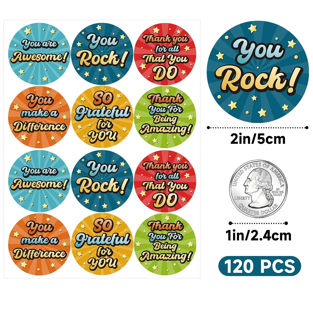 Round English Teacher Reward Stickers for Kids Motivational Classroom Encouragement Labels Stickers Colorful Star Pattern