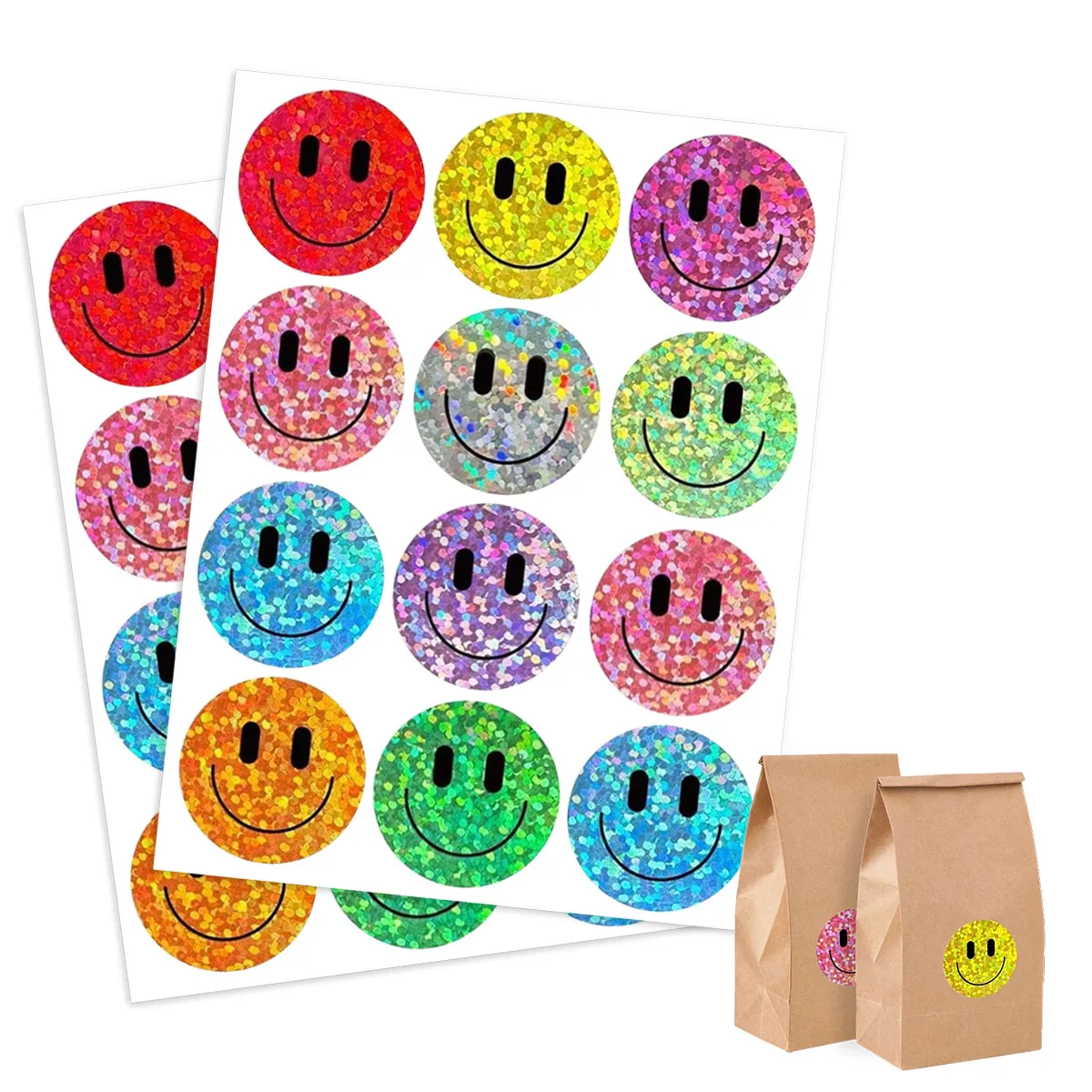 Colorful Smile Face Glitter Stickers Aluminum Foil Laser Reward Stickers For School Students Teacher Praise Gift Decoration