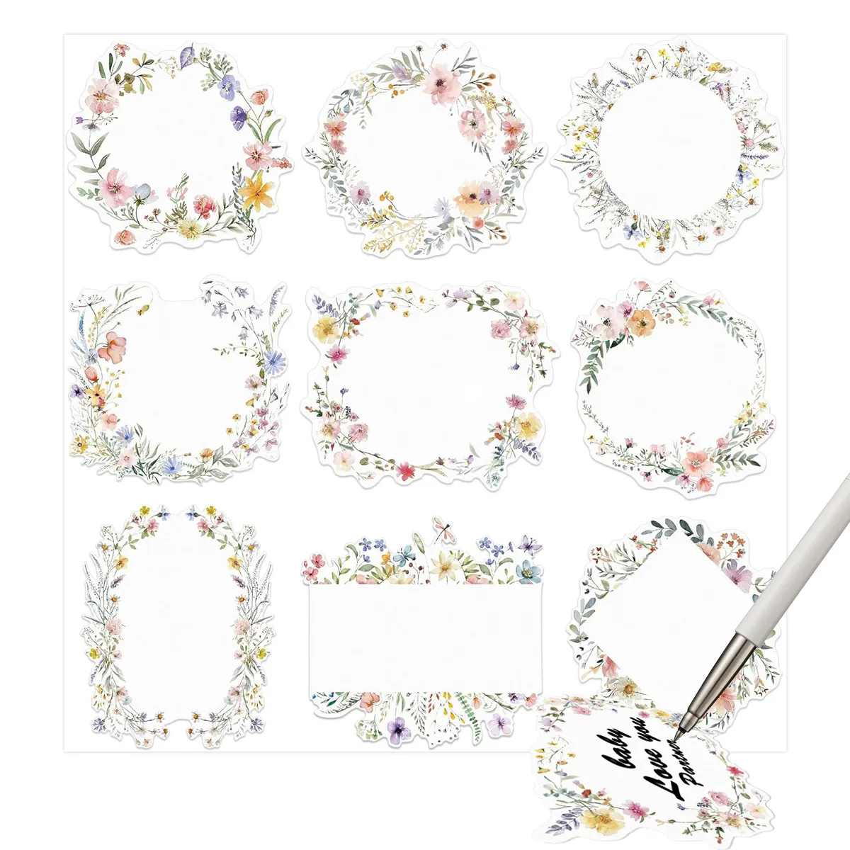 Beschrijfbare Aquarel Bloemenkrans Naamstickers Zelfklevende Bloemkader Labels Voor School Kantoor Organiseren