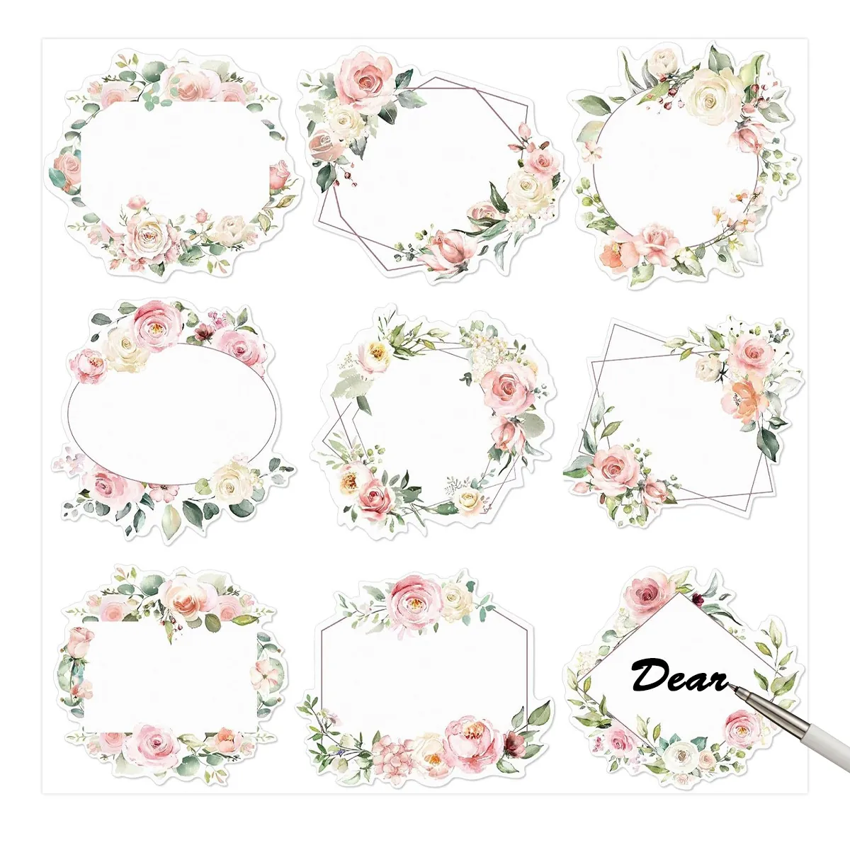 Watercolor Rose Floral Garland Blank Writable Sticker Labels For Wedding Valentine Gift Decorations Classroom Name Tags
