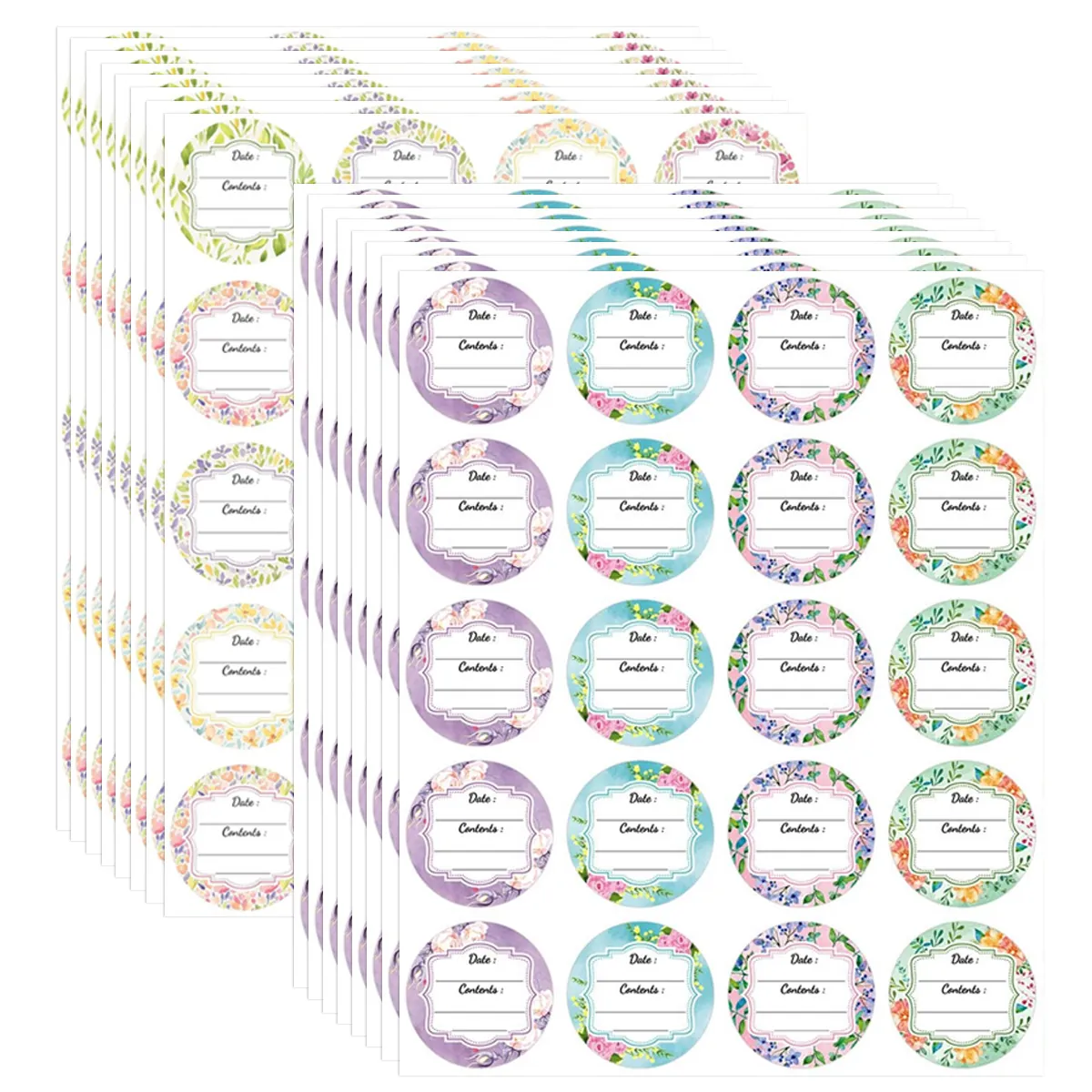 Waterproof Round Canning Labels Floral Food Jar Stickers For Kitchen Spice Containers With Date And Contents Writing Area