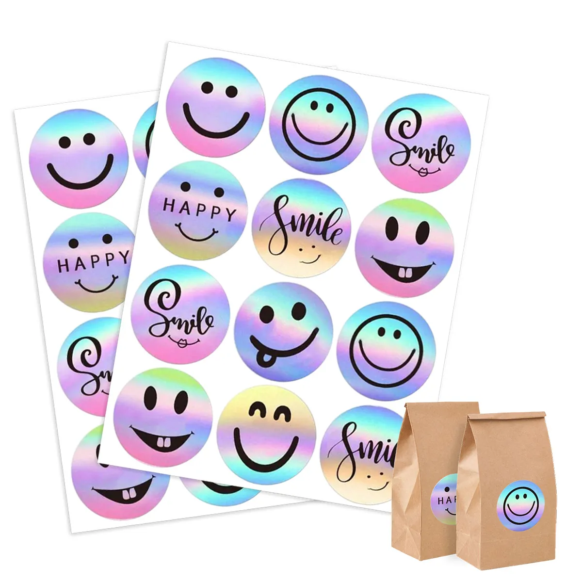 Holographic Laser Smiley Face Stickers Round Emoji Decals For Baking Gift Wrapping Sealing Label Happy Smile Stickers Sheet