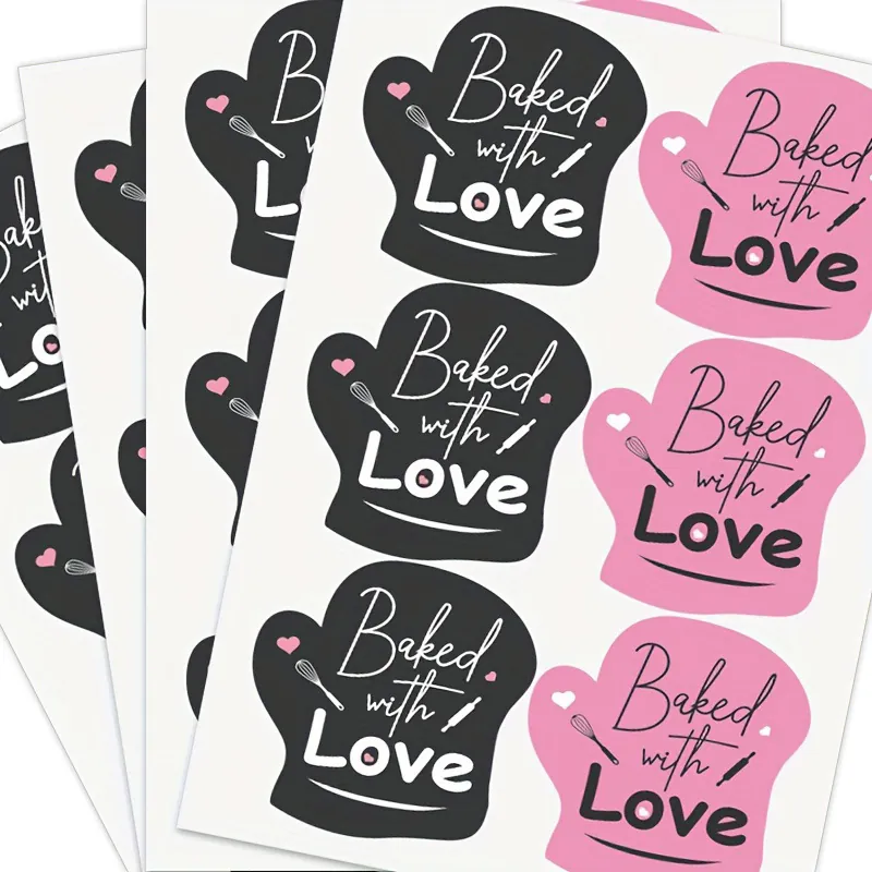 Baked with Love Baking Sealing Stickers Oven Mitt Shape Labels For Cookie Gift Bag Cake Box Pink Black Stickers 6pcs Per Sheet